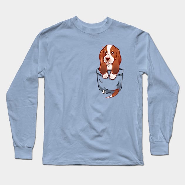 Pocket Cute Basset Hound Puppy Long Sleeve T-Shirt by TechraPockets